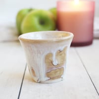 Image 3 of Match Striker Cup in Dripping White and Ocher Glaze, Pottery Shot Glass, Made in USA