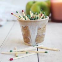 Image 4 of Match Striker Cup in Dripping White and Ocher Glaze, Pottery Shot Glass, Made in USA