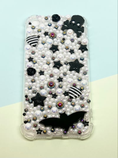 Image of CLOUDS AND HORROR White Pearl  Bat / Skull Embellished Phone Case 