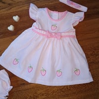 Image 2 of Baby Girls Polka Dot Dress With Strawberry Embroidery, Pants & Head Band Set