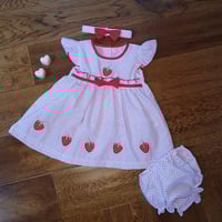 Baby Girls Polka Dot Dress With Strawberry Embroidery, Pants & Head Band Set Red