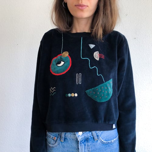 Image of Shifting to better places - upcycled hand embroidered velvet cotton sweatshirt, one of a kind