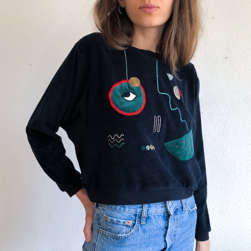 Image of Shifting to better places - upcycled hand embroidered velvet cotton sweatshirt, one of a kind