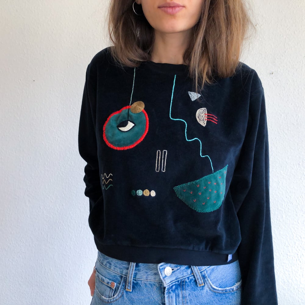 Image of Shifting to better places - upcycled hand embroidered velvet cotton sweatshirt, one of a kind