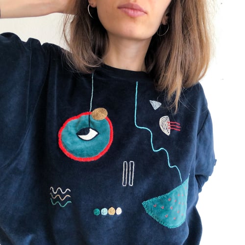 Image of Shifting to better places - upcycled hand embroidered velvet cotton sweatshirt, one of a kind