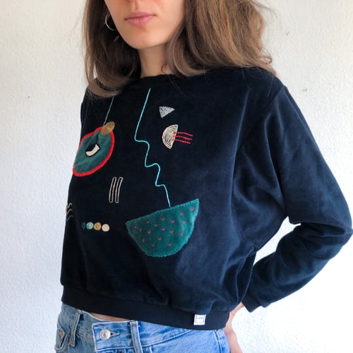 Image of Shifting to better places - upcycled hand embroidered velvet cotton sweatshirt, one of a kind