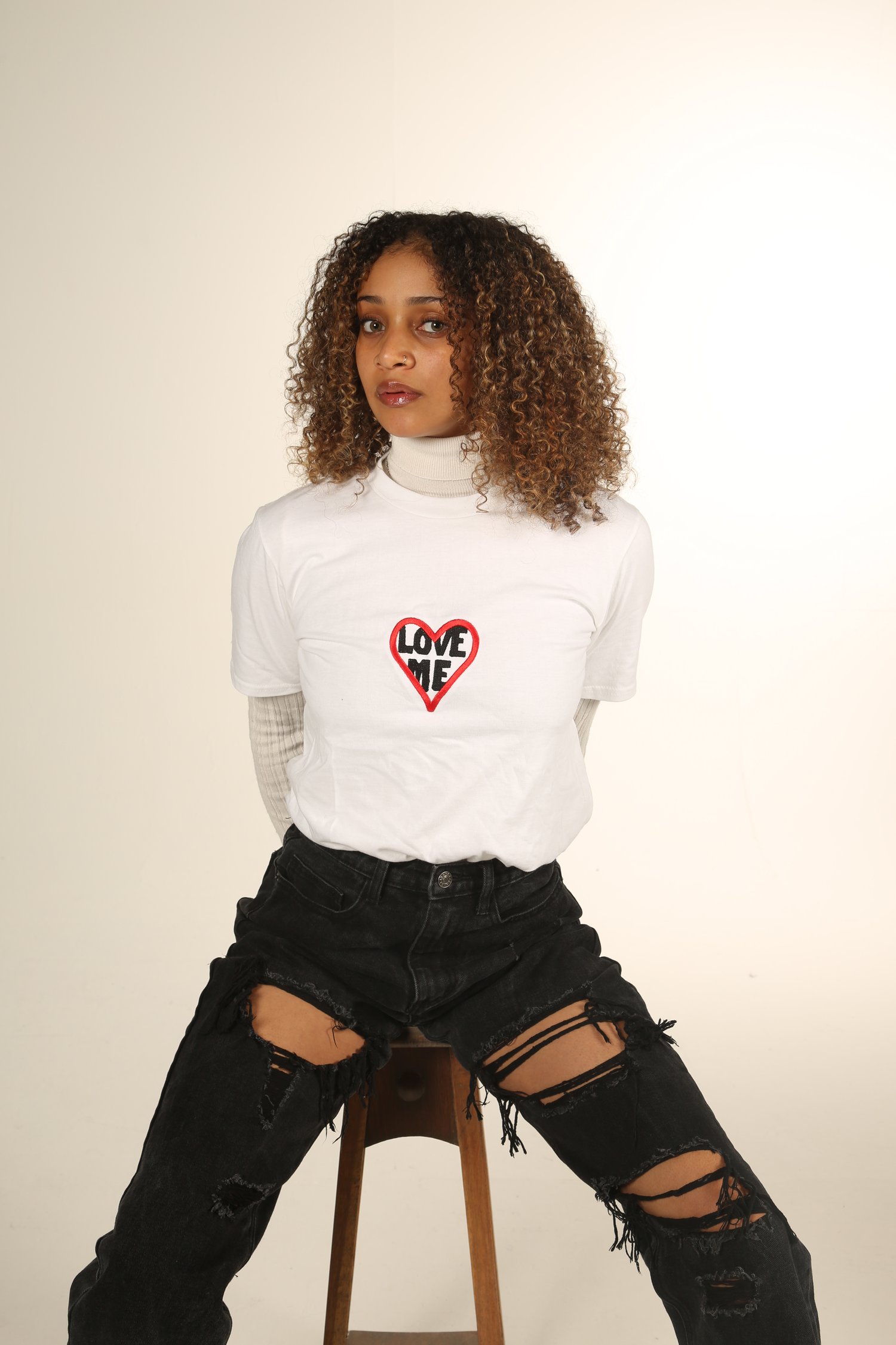 Image of LOVE ME Embroidered Heart T-Shirt in WHITE