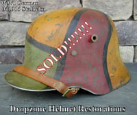 Image 1 of Replica WWI German M-1916 Helmet & Leather Liner. Camouflage Pattern. 