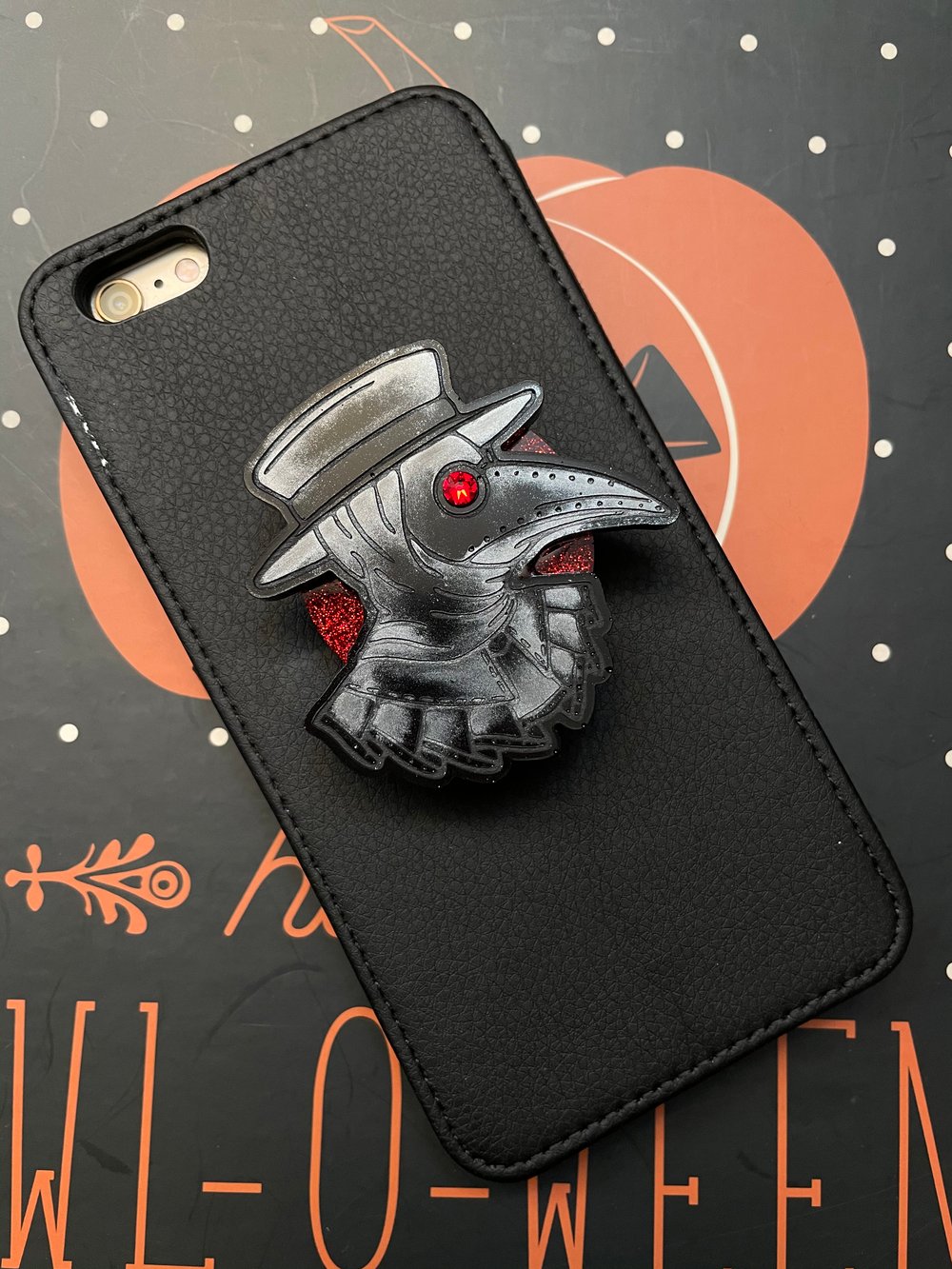 Red Glitter Moon With Plague Doctor Phone Grip