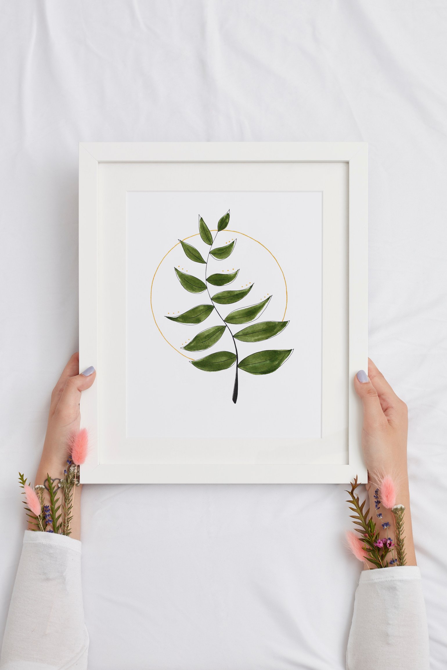 Image of Watercolour Leaves and Gold Illustration