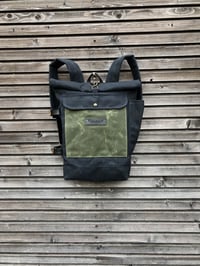 Image 2 of Waxed canvas backpack with detachable leather side straps and padded laptop compartment / padded sho