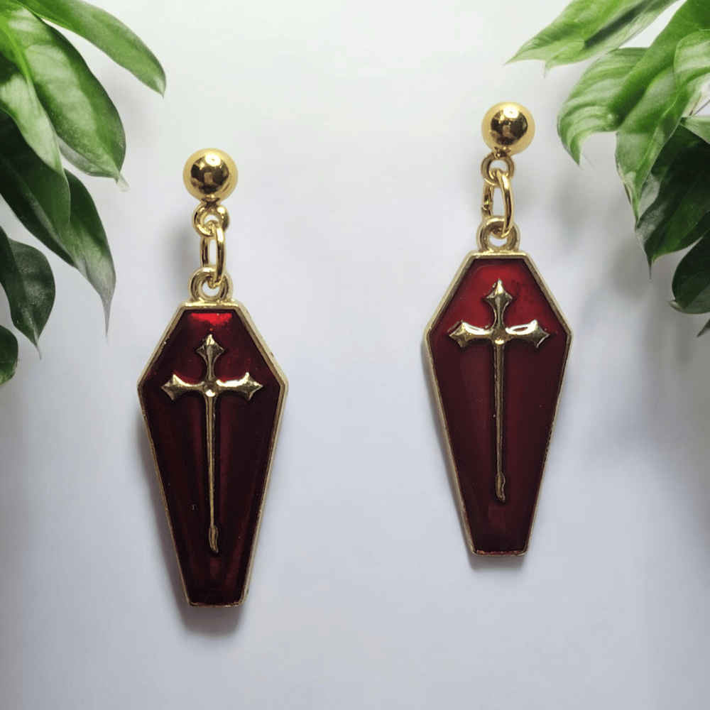 Image of Red Coffin Dangle Earrings