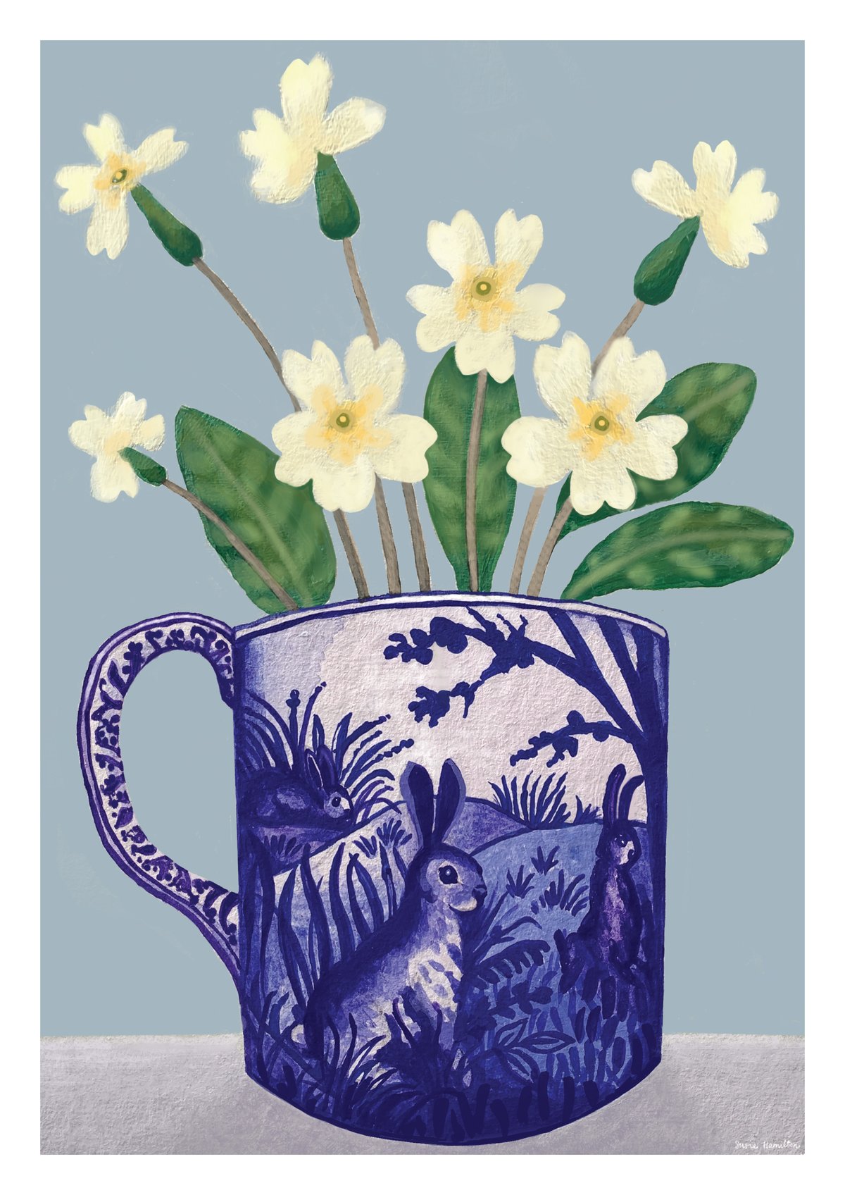 Primroses in Rabbit Cup Print & Card