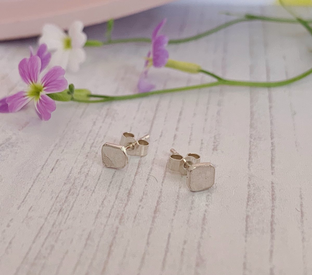 Image of Minimal recycled sterling silver small square studs, matt finish.