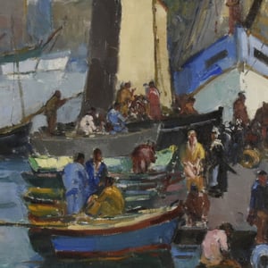 Image of Early 20thC 'Breton Quayside' oil painting Maurice F Perrot (1892 -1974)