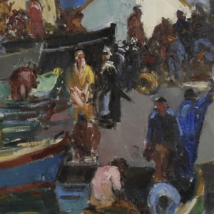 Image of Early 20thC 'Breton Quayside' oil painting Maurice F Perrot (1892 -1974)