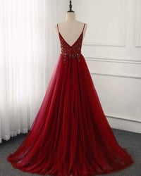 Image 3 of High Quality Burgundy Straps Beaded Long Party Dress, Long Junior Prom Dress