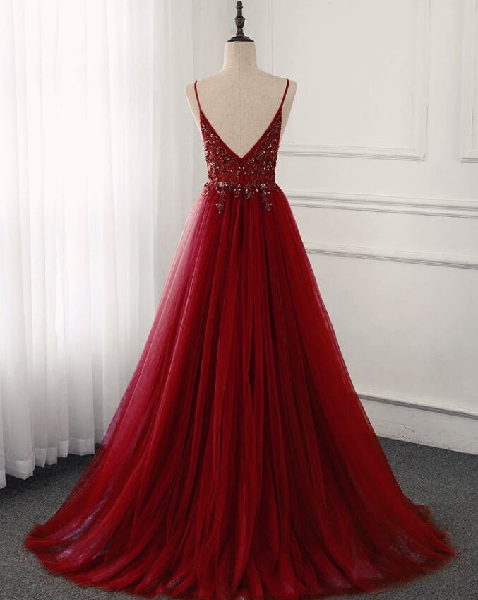 High Quality Burgundy Straps Beaded Long Party Dress, Long Junior Prom Dress