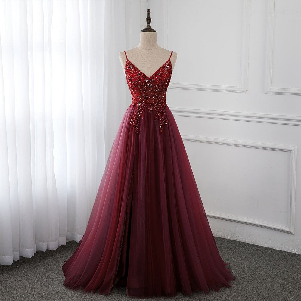 High Quality Burgundy Straps Beaded Long Party Dress, Long Junior Prom Dress
