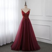 Image 1 of High Quality Burgundy Straps Beaded Long Party Dress, Long Junior Prom Dress