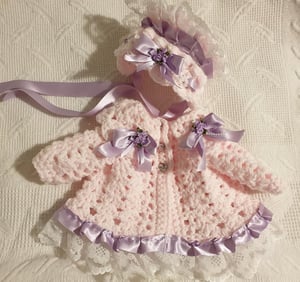 Image of Cardi bonnet with lace and ribbon trim