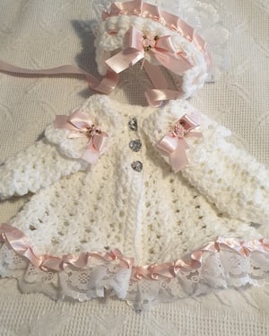 Image of Cardi bonnet with lace and ribbon trim
