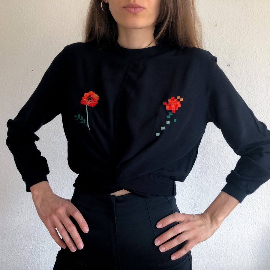 Image of Poppy flower and pixels of poppy flower - upcycled Corvera Vargas viscose shirt, one of a kind
