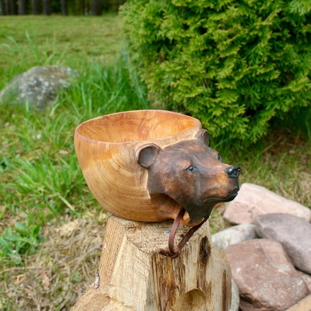 Gift Cup. Handmade Wooden Mug BEAR With Carving. Kuksa. Gift for a Hunter  or Fisherman. Ecoware. Birch Mug. Natural Materials. 