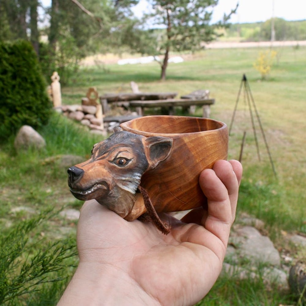  TY&WJ Handmade Kuksa Wooden Mug,Animals Head Image