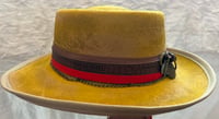 Image 3 of Mustard Pork Pie Style Hat, Layered  Band Feathers