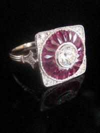 Image 1 of 18ct white gold natural ruby and diamond deco inspired target cluster ring
