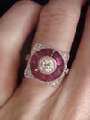 18ct white gold natural ruby and diamond deco inspired target cluster ring