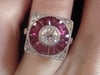 18ct white gold natural ruby and diamond deco inspired target cluster ring