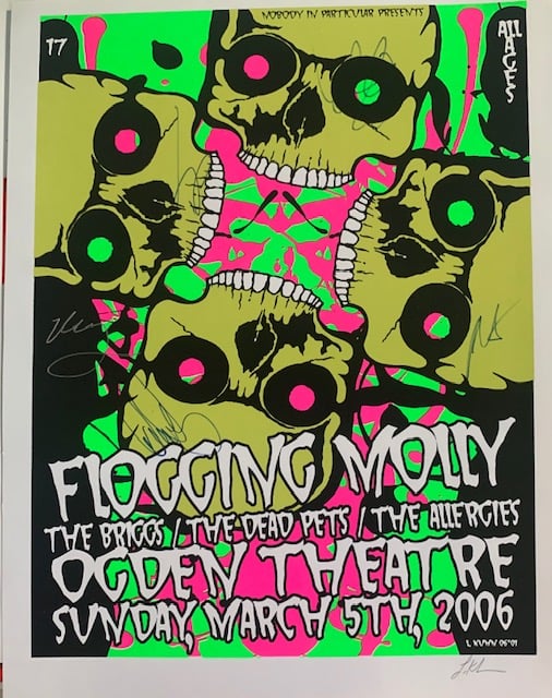 Flogging Molly Autographed Silkscreen Concert Poster By Lindsey Kuhn, Signed By The Artist
