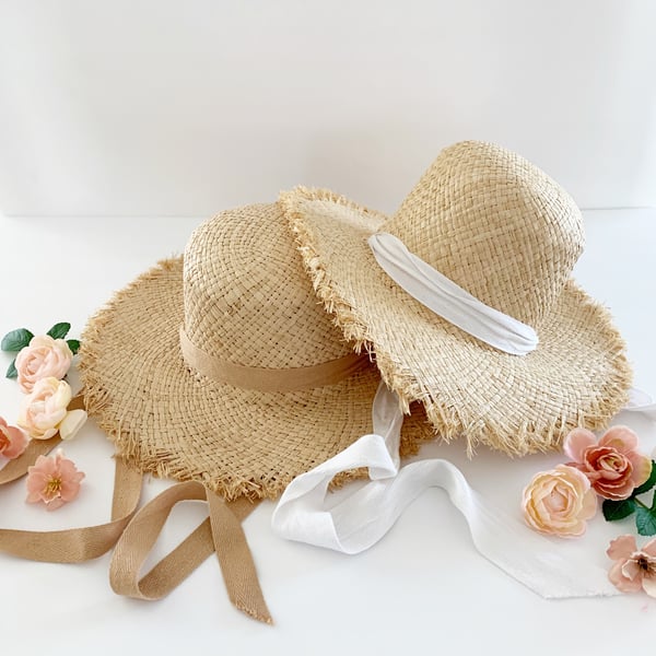 Image of Frayed Edge Floppy Straw Hat with Ribbon Ties
