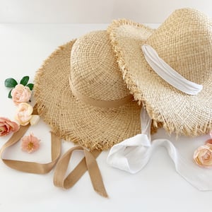 Image of Frayed Edge Floppy Straw Hat with Ribbon Ties