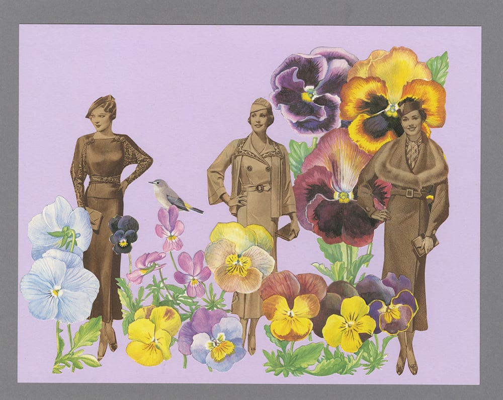 Image of Promenade through the pansies. Original paper collage.