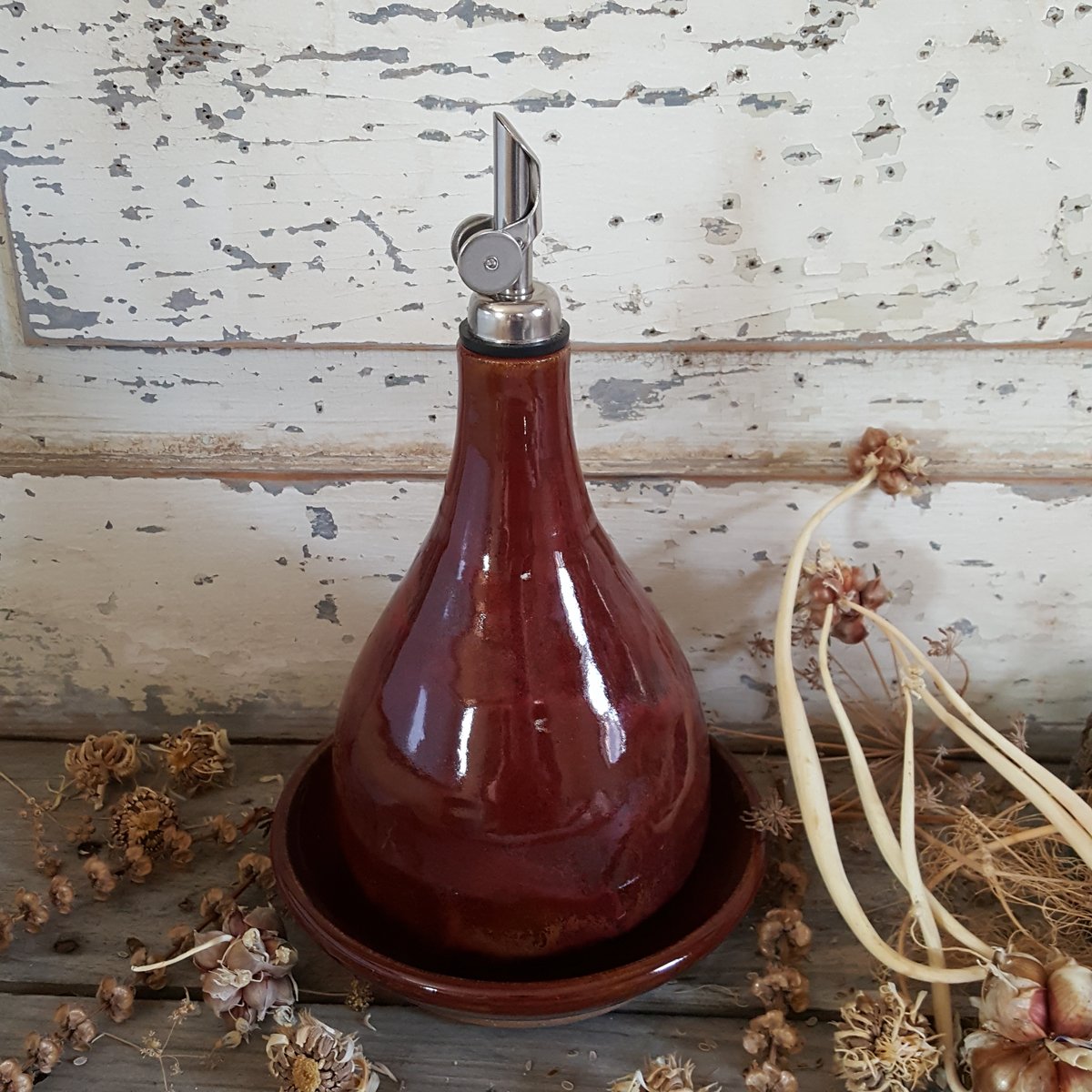 Image of Oil Carafe with Gravity Pour and Stowaway Dish: Red Osier (Red)