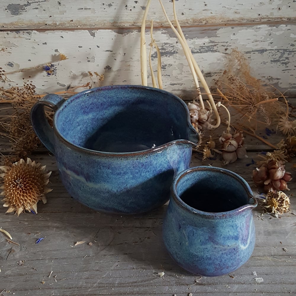 Image of Countertop-worthy Batter Bowl 3 cup with Tiny Duckling Pitcher: : Lupine (Periwinkle) 