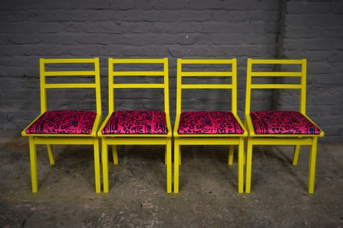 Image of 4x Vintage Mid Century G Plan Dining Chairs in Yellow with Pink Upholstery