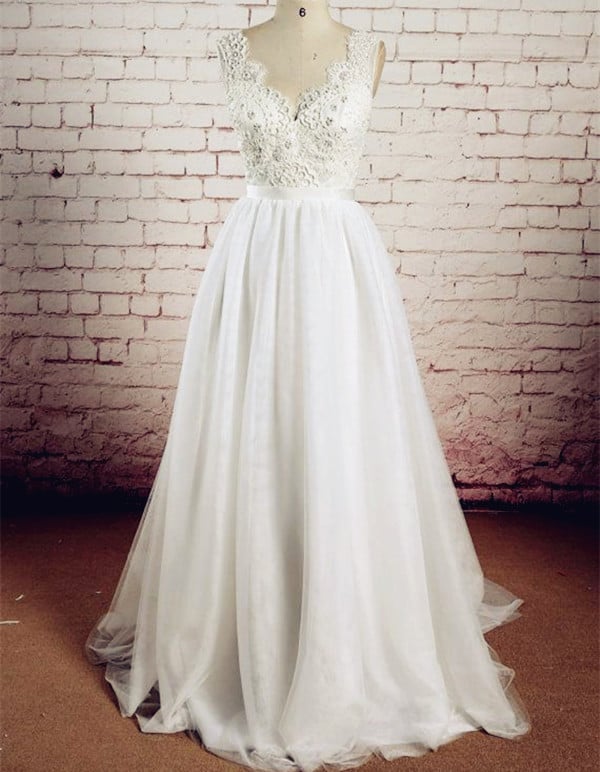 Charming V-Neck Lace Wedding Dresses, Simple Ivory Wedding Party Dress Formal Gown