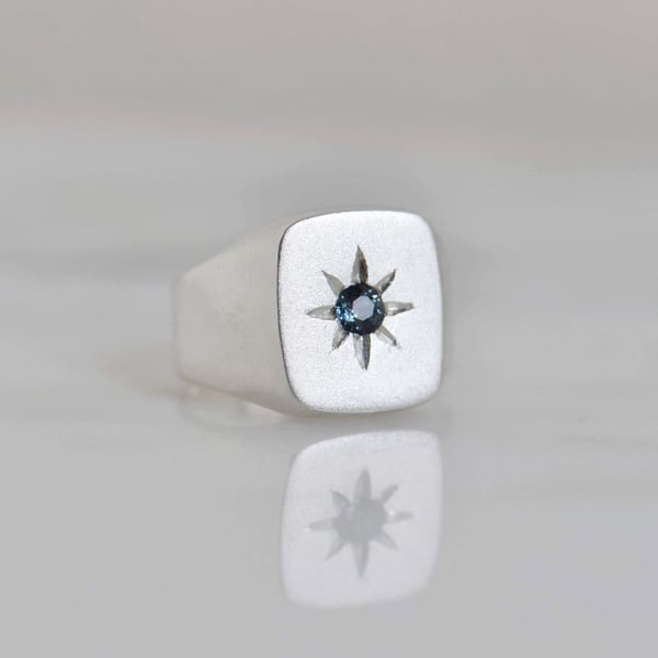 Image of Blue Star x Natural Blue Sapphire crystal solid frame silver signet ring