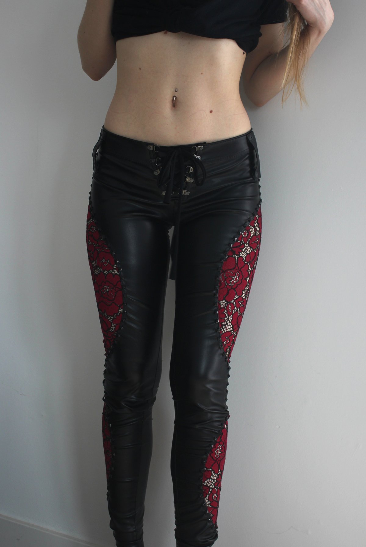 Image of LORELEI PINK LACE STUDDED LEATHER PANTS