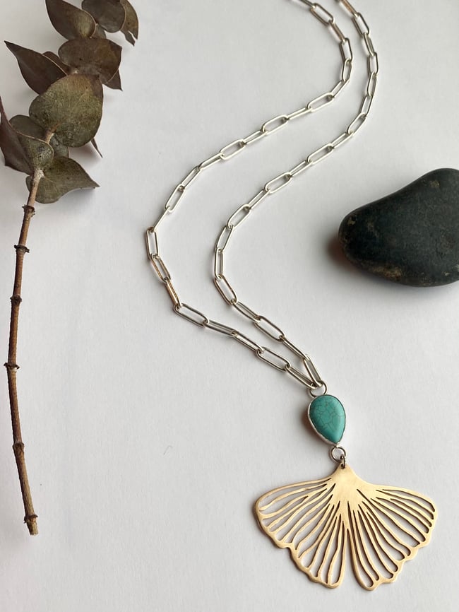 Turquoise & Bronze Gingko Necklace