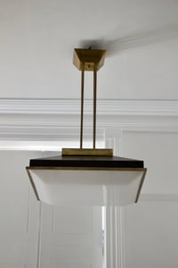Image 2 of Pair of 19" Square Ceiling Pendants with Brass Details, attr Stilnovo Italy