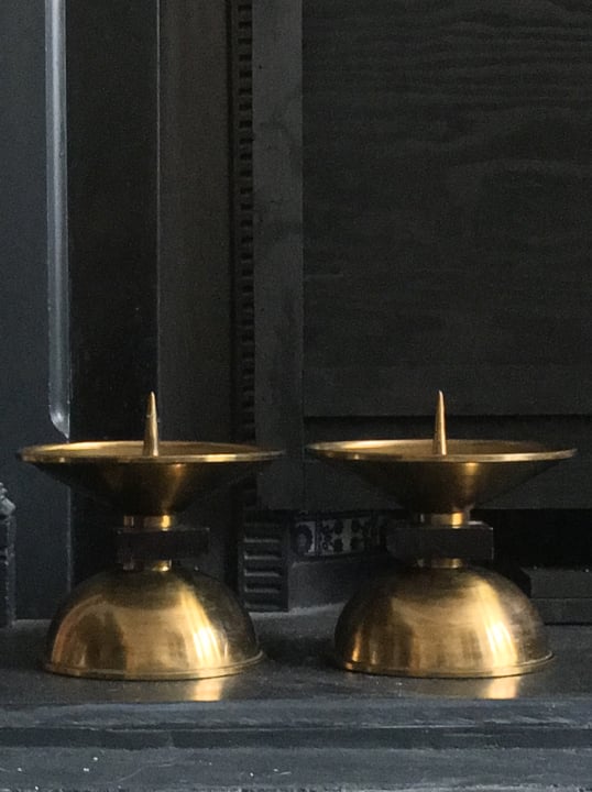 Image of Pair of Large Art Deco Brass and Wood Candleholders