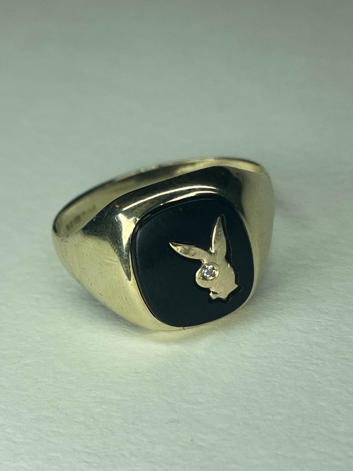 Vintage 9K Gold Supreme Shaped VVS1 Diamond Eye Playboy Onyx Signet Ring  (1970's)