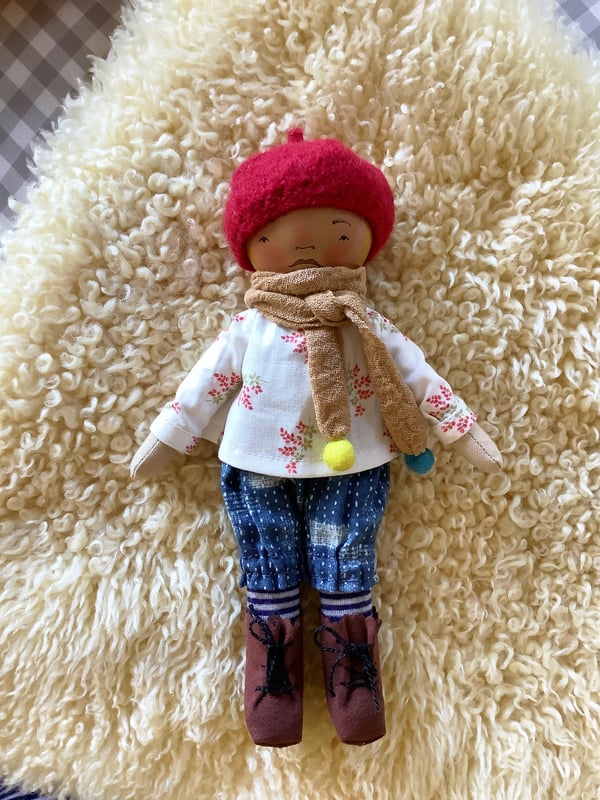 Image of Mini Madchen Cloth and Wood Art Doll : Blond w/ Cherry Beret