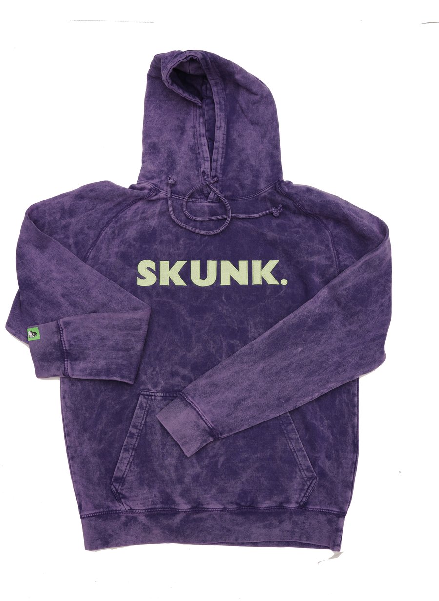 Image of "Skunk." Hoodie (purple/slimegreen)