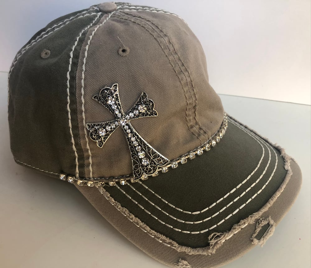 Olive/Khaki Baseball Hat Crystal Silver Cross